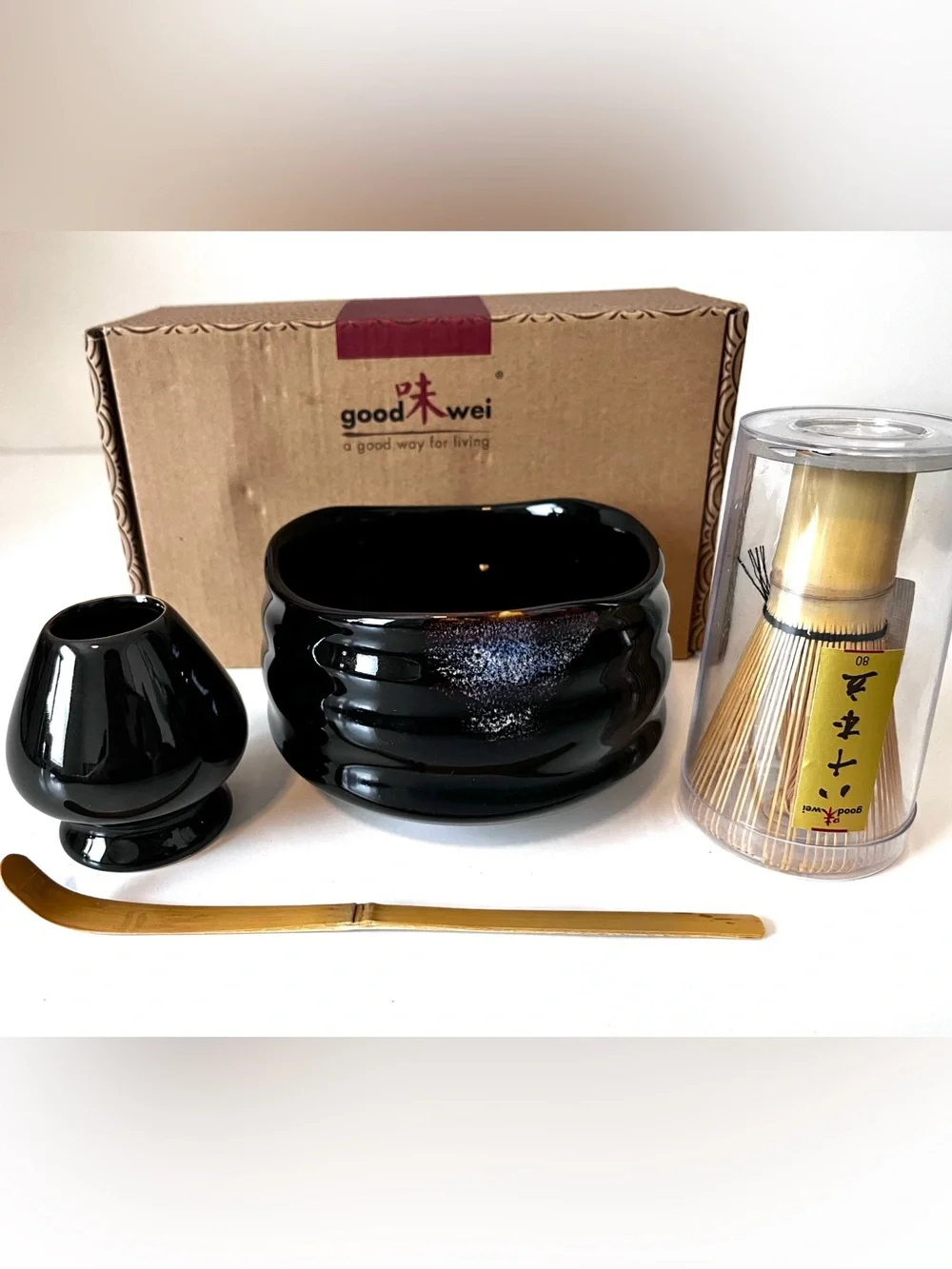 Good Wei Black Blue Ceramic Japan Matcha Tea Set  Bamboo Whisk and Scoop Holder